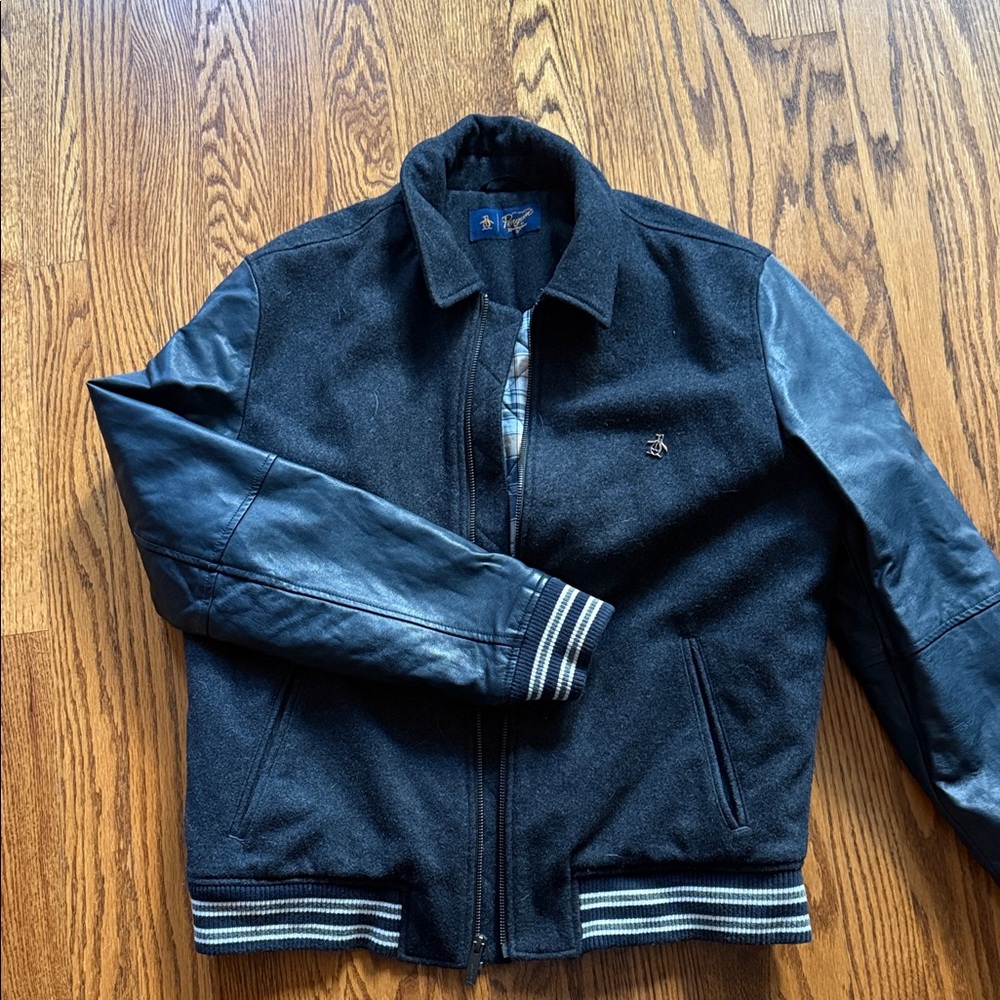 Men's Original Penguin Black Jacket with Leather Sleeves